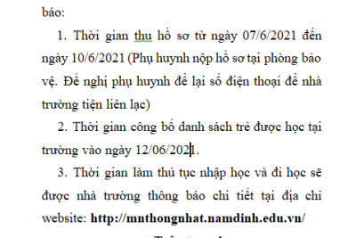 Thông báo về việc điều chỉnh kế hoạch tuyển sinh năm học 2021 – 2022
