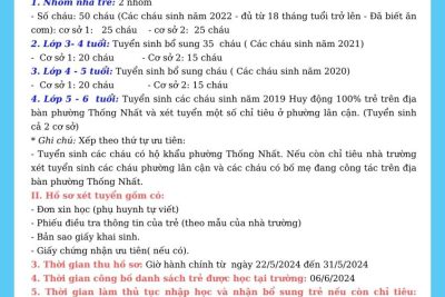 Thông báo tuyển sinh – Năm học 2024 – 2025 trường mầm non Thống Nhất